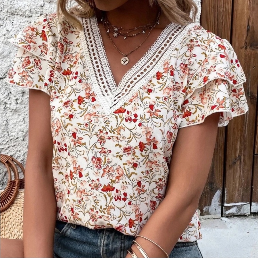 Boho Floral Print Butterfly Sleeve Blouse S M L XL